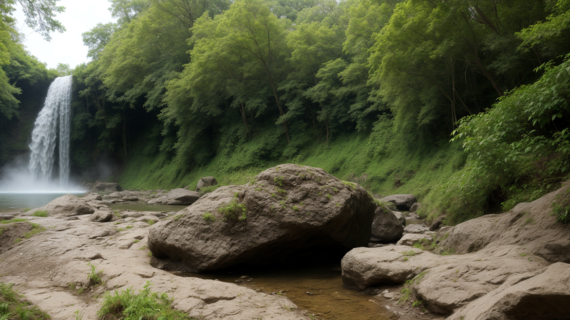 se ve una cascada a lo lejos desde una orilla rocosa con un arroyo que corre entre ella y una gran roca en primer plano, Choi Buk, destello de lente anamórfico, una pintura mate, arte ambiental