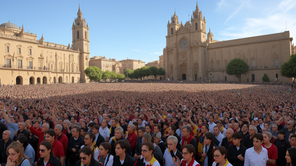 una gran multitud de personas paradas frente a un edificio con una torre de reloj al fondo y una gran multitud de personas frente al edificio, Andreas Gursky, panorámica, una foto, montaje