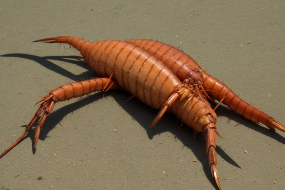 un gran insecto marrón tendido sobre una playa de arena junto a un cuerpo de agua y una pequeña cantidad de arena, Boetius Adamsz Bolswert, piel de la vida real, una representación 3D, antípodas