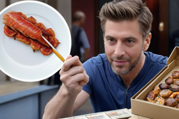 un hombre sosteniendo un plato de comida y una caja de tocino en un palo frente a él con un plato de tocino en un palo, Ed Benedict, imagen promocional, una foto de archivo, panfuturismo