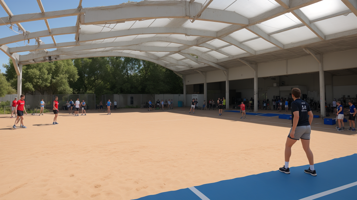 un grupo de personas jugando un partido de tenis en una cancha con una alfombra azul y blanca y un techo blanco, Enguerrand Quarton, panorámica, una pintura mate, escuela del Danubio