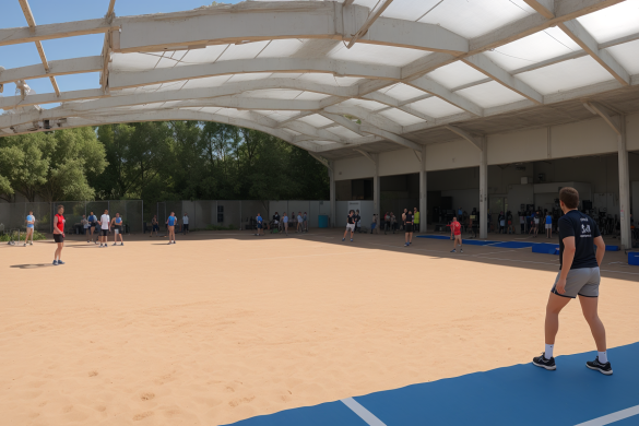 un grupo de personas jugando un partido de tenis en una cancha con una alfombra azul y blanca y un techo blanco, Enguerrand Quarton, panorámica, una pintura mate, escuela del Danubio