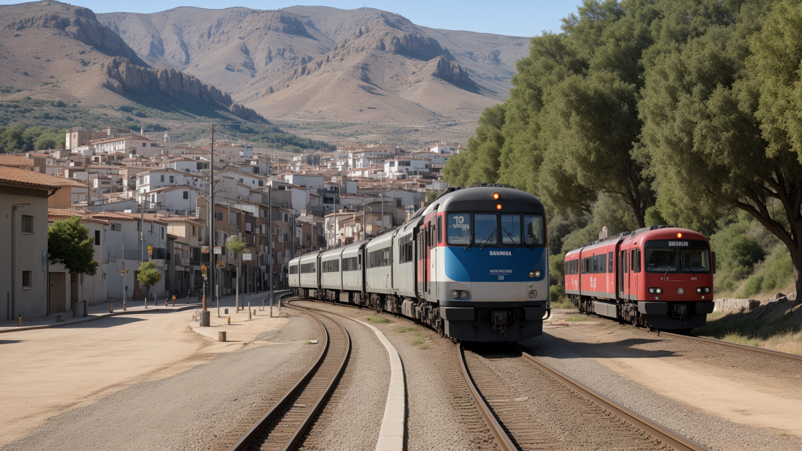dos trenes sobre vías cerca de una ciudad con montañas al fondo y árboles en primer plano, con algunos edificios al otro lado, Arthur B. Carles, foto realista, una foto con cambio de inclinación, regionalismo