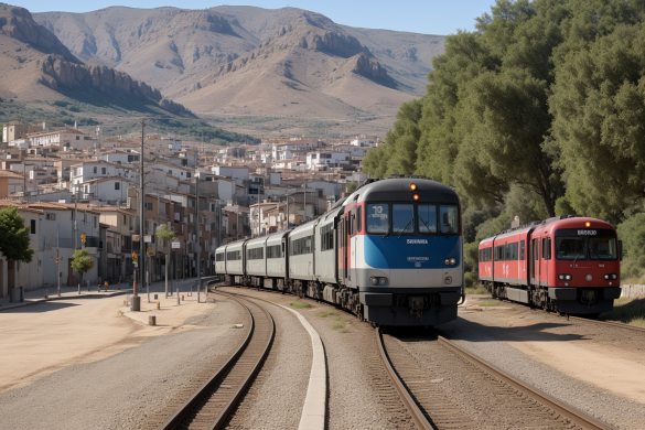 dos trenes sobre vías cerca de una ciudad con montañas al fondo y árboles en primer plano, con algunos edificios al otro lado, Arthur B. Carles, foto realista, una foto con cambio de inclinación, regionalismo