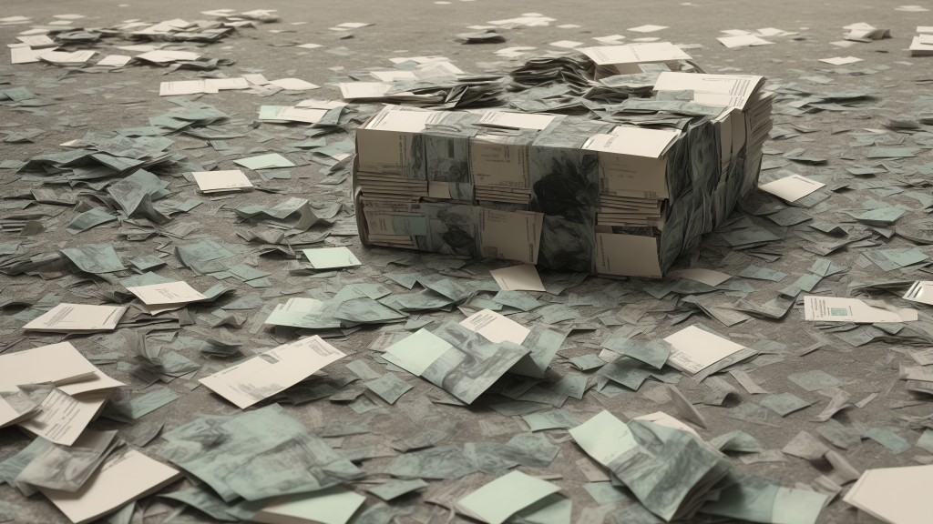 un montón de papeles y una caja en el suelo con muchos papeles esparcidos por el suelo, Cornelia Parker, renderizador de octanaje, renderizado 3D, arte contextual