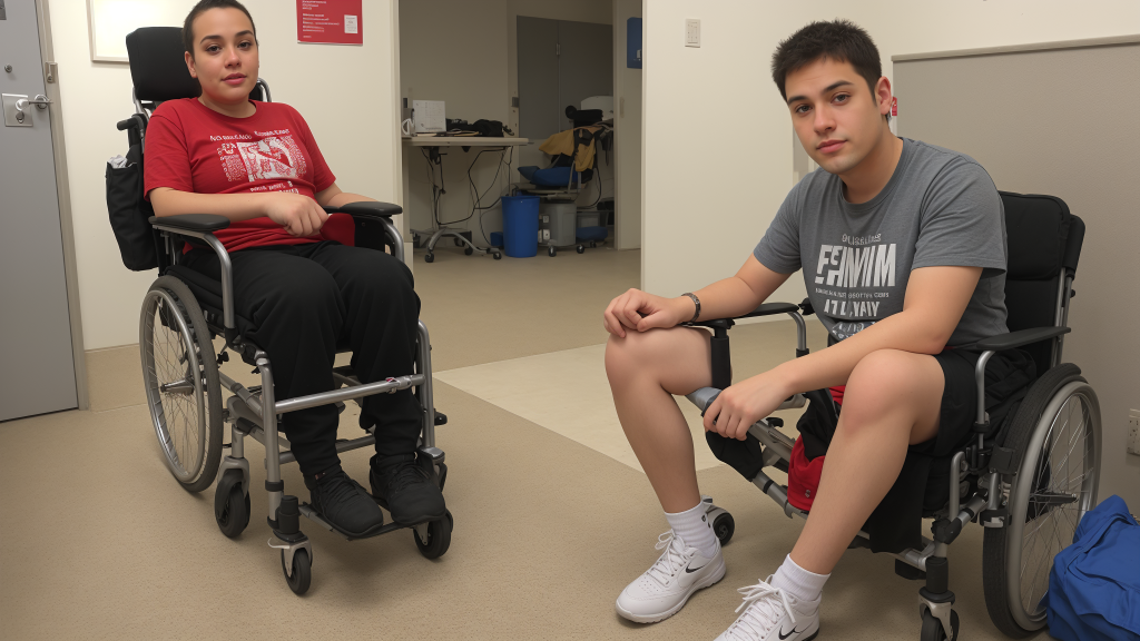 un hombre en silla de ruedas y una mujer con una camisa roja sentados en una habitación con una puerta y una pared, Felix-Kelly, cibernética, una fotografía, neoplasticismo