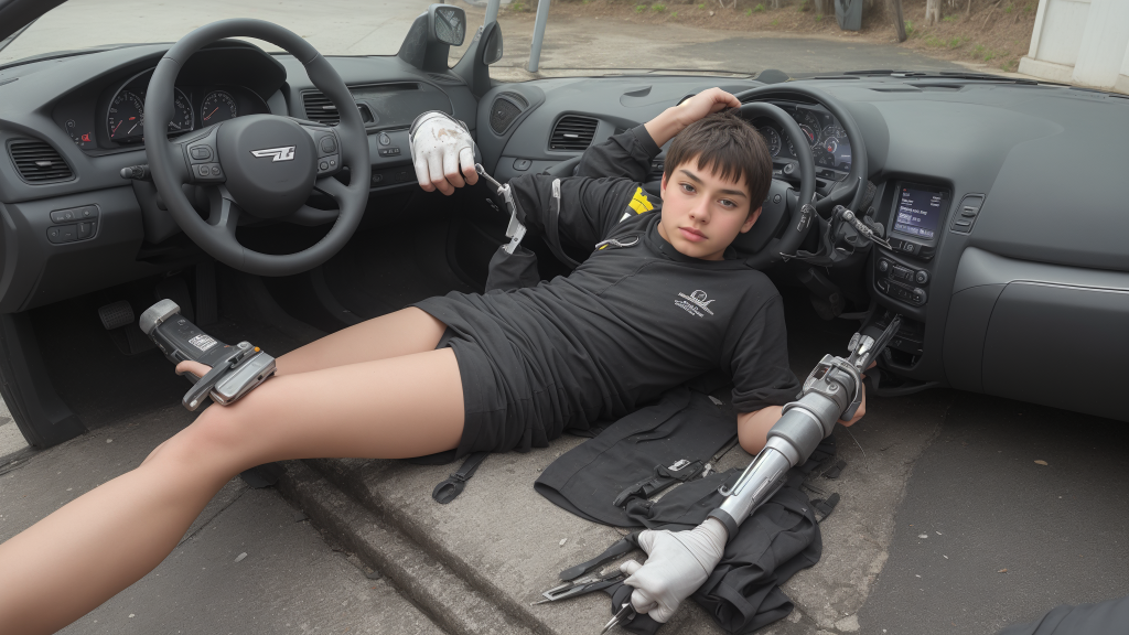 un niño sentado en el asiento del conductor de un automóvil con un volante y una ametralladora, Enki Bilal, cyborg, una fotografía de archivo, futurismo