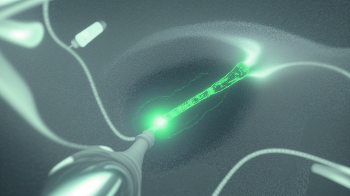 una luz verde brilla a través de un cable en una habitación oscura con piso y paredes negros y piso negro, Epsylon Point, bioluminiscencia, renderizado 3D, fotorrealismo