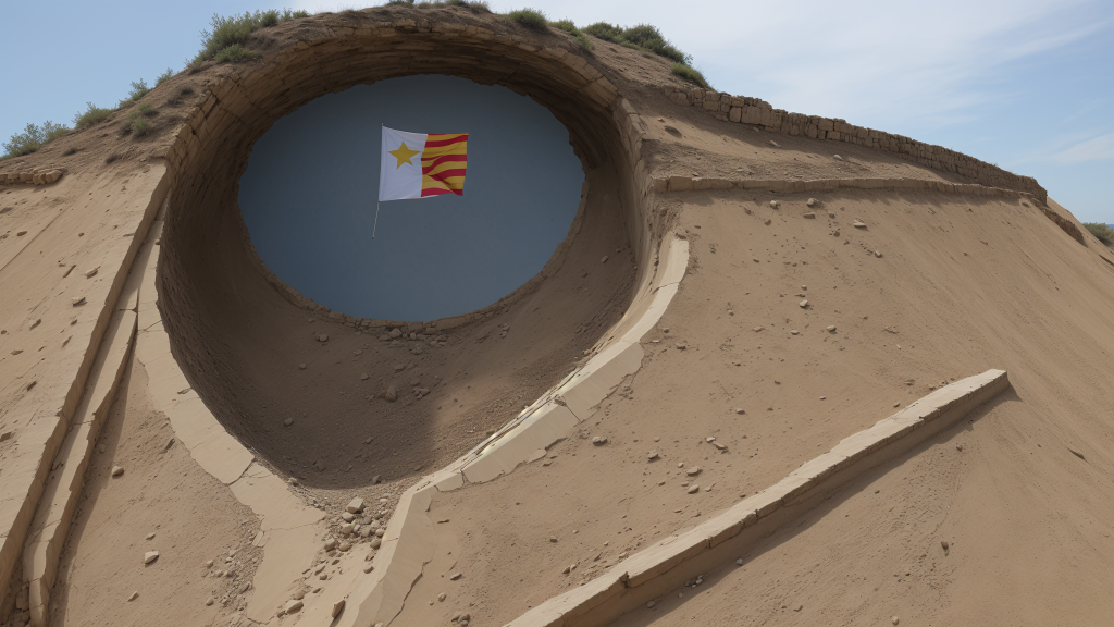 una bandera ondeando en el cielo sobre la cima de una colina arenosa con una bandera en un lado y una bandera en el otro lado, Antoni Tàpies, anamórfico, una pintura mate, land art