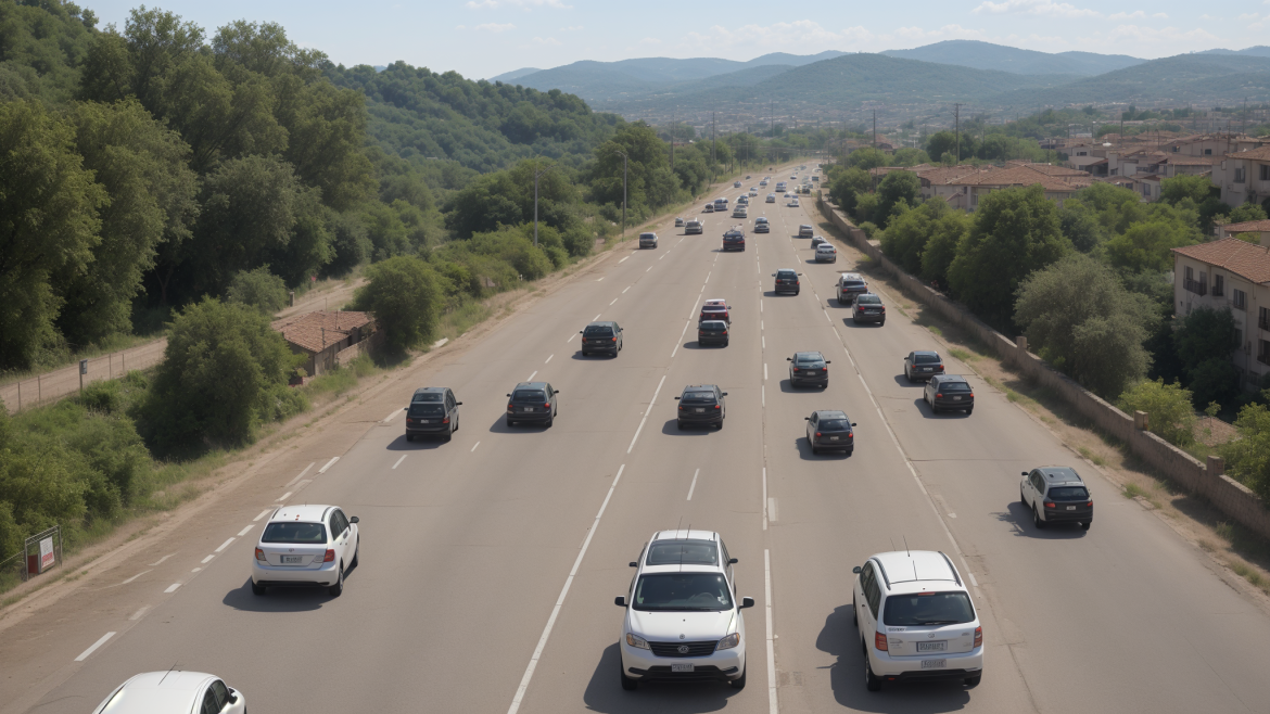una carretera con muchos coches circulando por ella y una montaña al fondo con árboles a ambos lados de la carretera, Edi Rama, trazado de trayectoria, una fotografía con cambio de inclinación, superplana