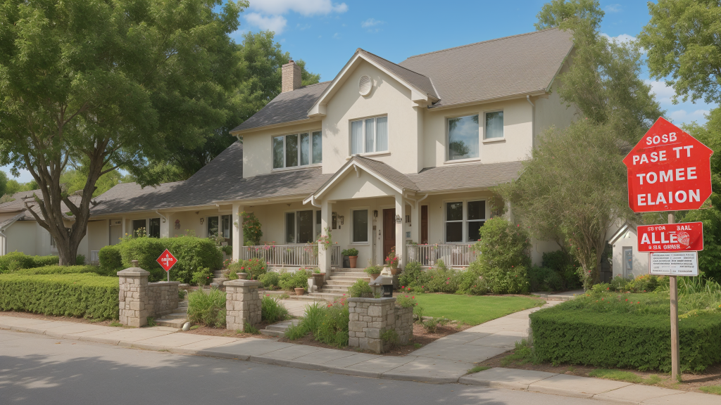 una casa con una señal de alto roja frente a ella y un cartel de venta frente a ella, Arlington Nelson Lindenmuth, fotorrealista de 8k, una representación digital, movimiento de artes y oficios