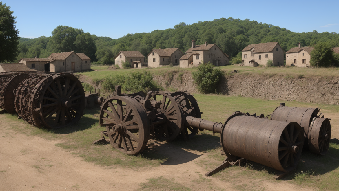 una hilera de antiguas ruedas hidráulicas en un campo con casas al fondo y árboles en primer plano, Cao Zhibai, motor irreal altamente renderizado, una pintura mate detallada, arte terrestre