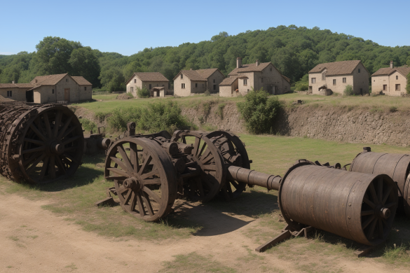 una hilera de antiguas ruedas hidráulicas en un campo con casas al fondo y árboles en primer plano, Cao Zhibai, motor irreal altamente renderizado, una pintura mate detallada, arte terrestre