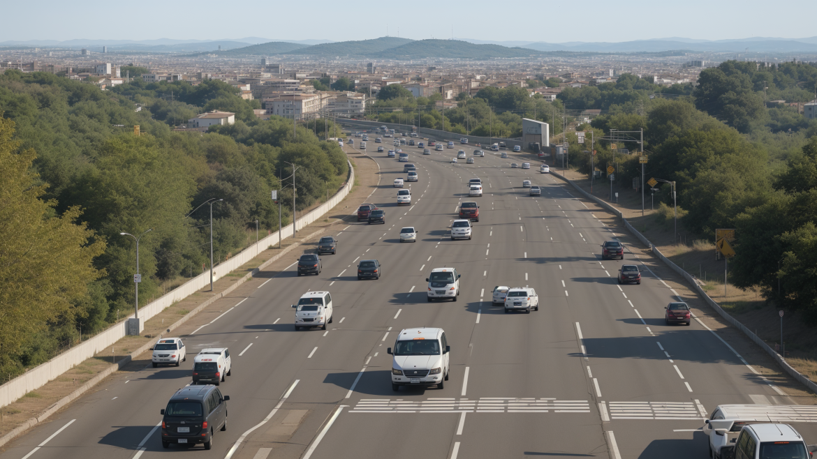 una carretera con muchos coches y camiones y muchos árboles y arbustos a ambos lados de la carretera, Edi Rama, trazado de caminos, una pintura mate, superplana