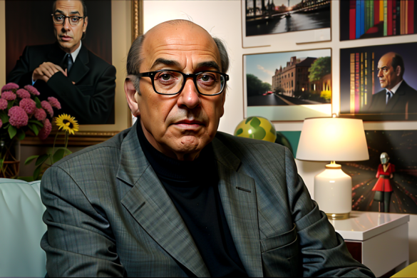 un hombre sentado en una silla con un montón de cuadros en la pared detrás de él y una lámpara sobre la mesa, Arthur Sarkissian, pintura realista, una pintura fotorrealista, arte académico