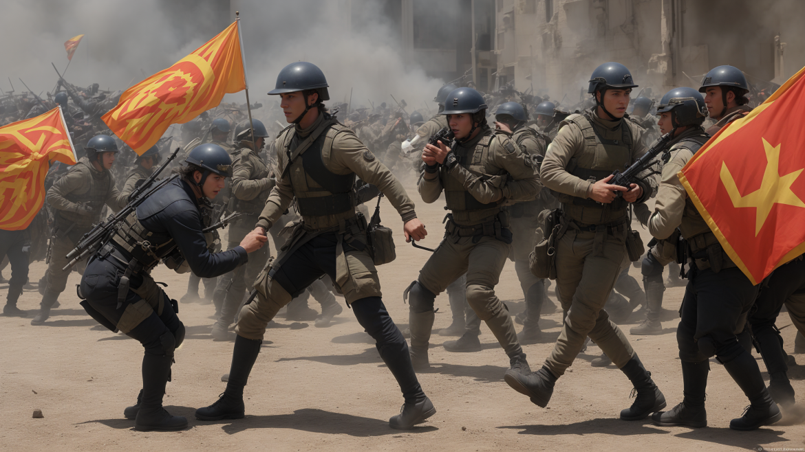 un grupo de soldados corriendo con banderas y cascos en la cabeza y un hombre sosteniendo un arma en la otra mano, De Hirsh Margules, vfx, una pintura mate detallada, antípodas