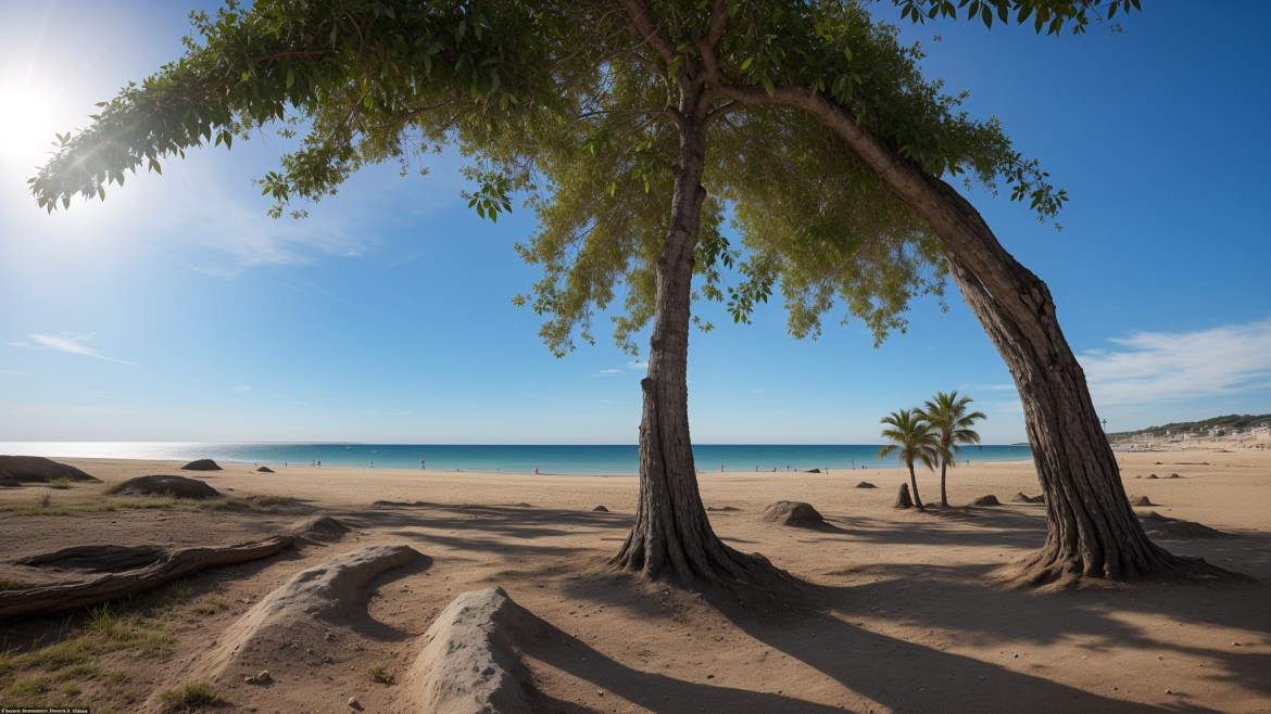una playa con algunos árboles y una masa de agua al fondo con un cielo azul y algunas nubes, Andor Basch, mapeo de tonos, una pintura mate, realismo mágico