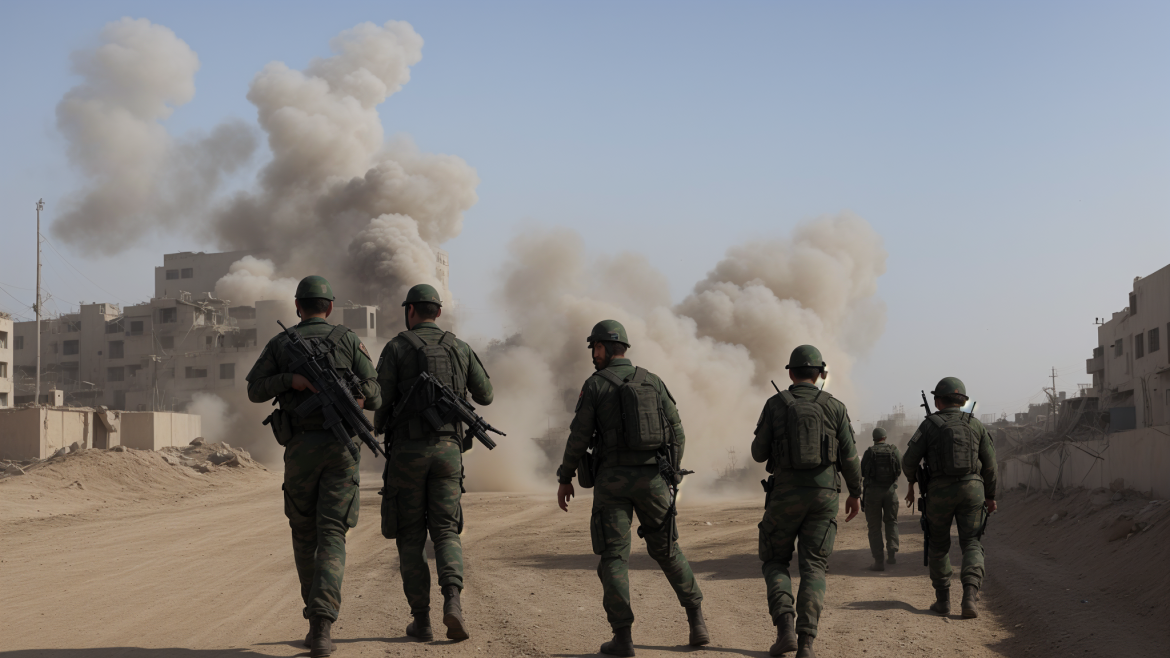 un grupo de soldados caminando por un camino de tierra con humo saliendo del cielo detrás de ellos y edificios al fondo, Amir Zand, vfx, una foto, les nabis