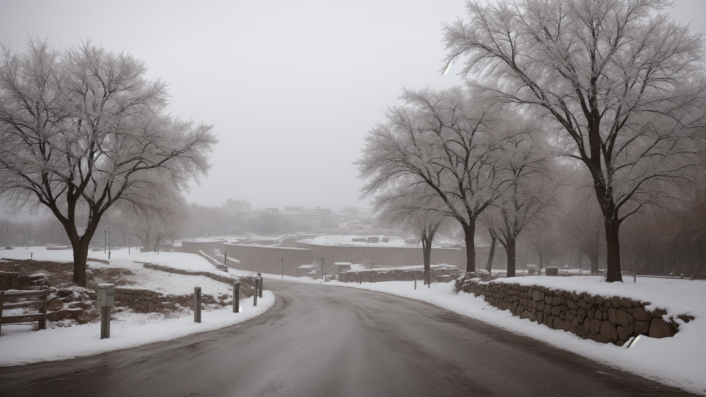 un camino con una valla y árboles cubiertos de nieve y hielo en un día nublado con algunas nubes, Arlington Nelson Lindenmuth, canon 5 0 mm, una pintura mate, tonalismo