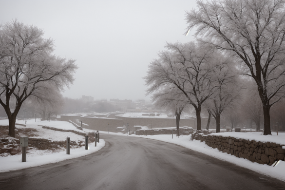 un camino con una valla y árboles cubiertos de nieve y hielo en un día nublado con algunas nubes, Arlington Nelson Lindenmuth, canon 5 0 mm, una pintura mate, tonalismo