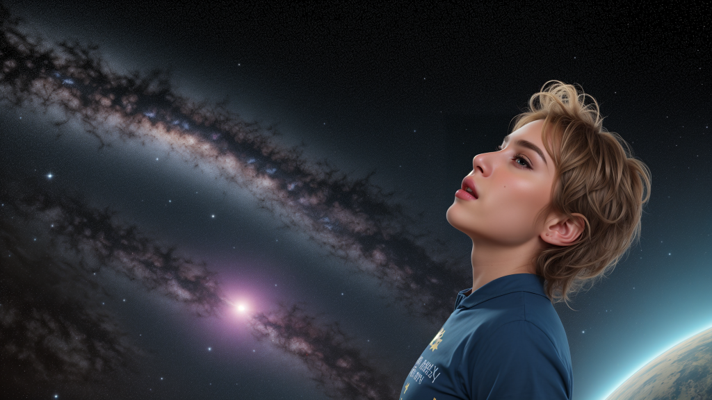 un niño mirando una galaxia espiral en el cielo con una luz brillante brillando en su rostro, Eve Ryder, galaxia, una pintura mate, arte espacial