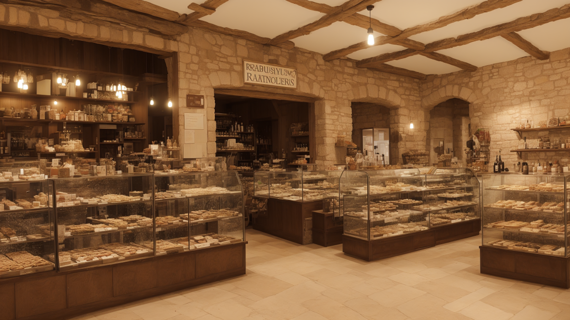 una panadería con una gran cantidad de productos horneados en sus vitrinas y un muro de piedra con un cartel, Enguerrand Quarton, panorámica, una fotografía de cambio de inclinación, movimiento de artes y oficios