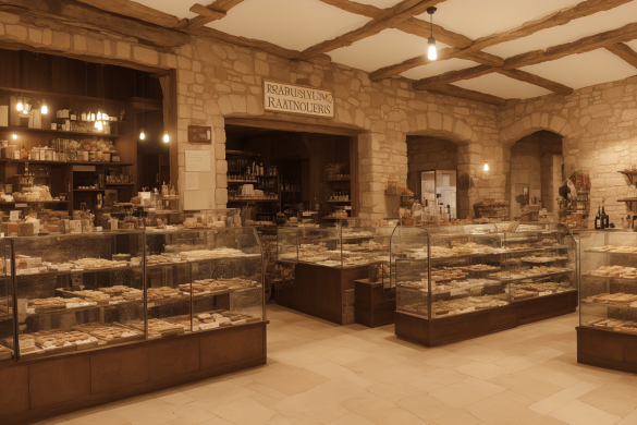 una panadería con una gran cantidad de productos horneados en sus vitrinas y un muro de piedra con un cartel, Enguerrand Quarton, panorámica, una fotografía de cambio de inclinación, movimiento de artes y oficios