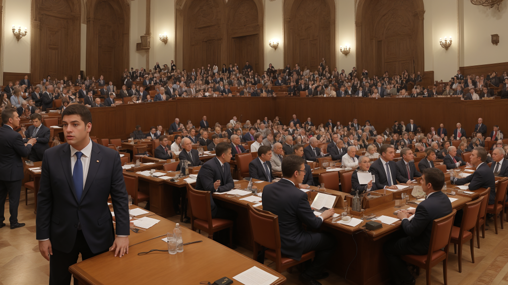un hombre parado frente a una habitación llena de gente con traje y corbata con un micrófono en la mano, Edi Rama, panorámica, una fotografía microscópica, dau-al-set