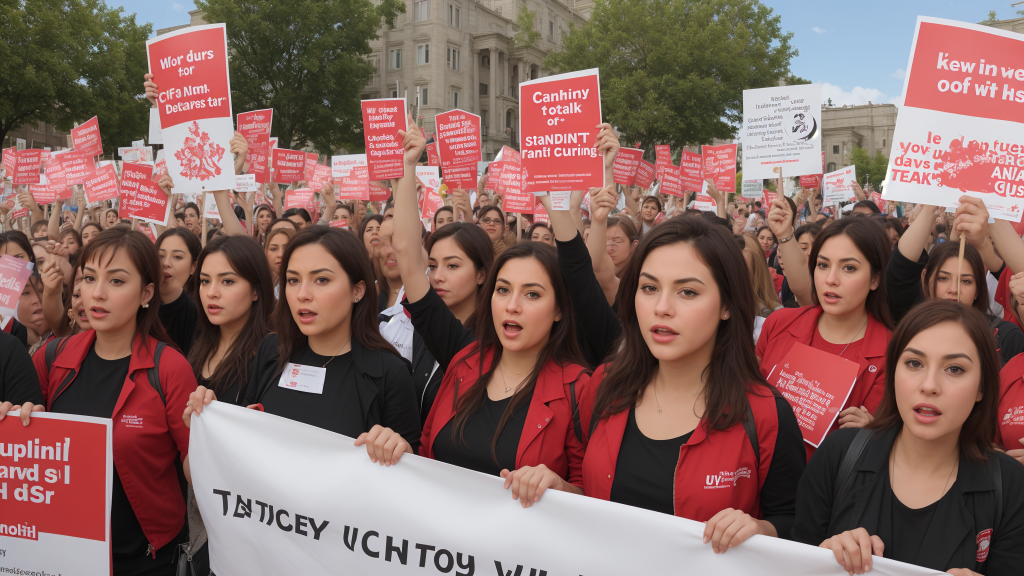 un grupo de mujeres sosteniendo carteles y protestando en una manifestación de protesta frente a un edificio con una gran multitud de personas, Ayshia Taşkın, imagen promocional, una captura de pantalla, accionismo vienés