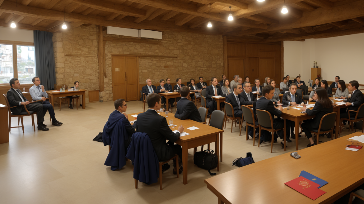 un grupo de personas sentadas en mesas en una sala con un orador en el medio de la sala y un orador al frente de la sala, Enguerrand Quarton, medios oficiales, una representación digital, escuela de barbizon