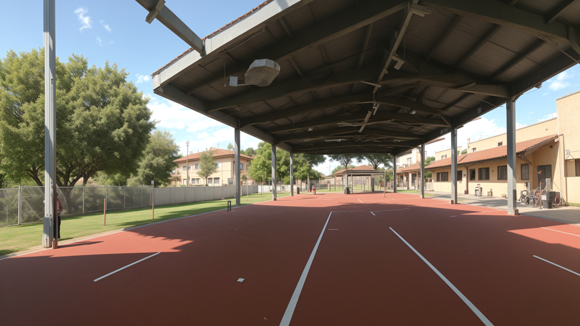 una cancha de tenis con una cancha de tenis y una cancha de tenis cubierta por un techo que sobresale y una cancha de tenis con una cancha de tenis en el medio, Enguerrand Quarton, perspectiva profunda de 3 puntos, una representación digital, escuela del noroeste