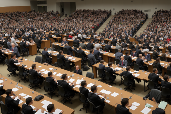una gran sala llena de gente sentada en escritorios frente a una multitud de personas con traje y corbata, Andreas Gursky, panorámica, una fotografía con cambio de inclinación, les automatistes