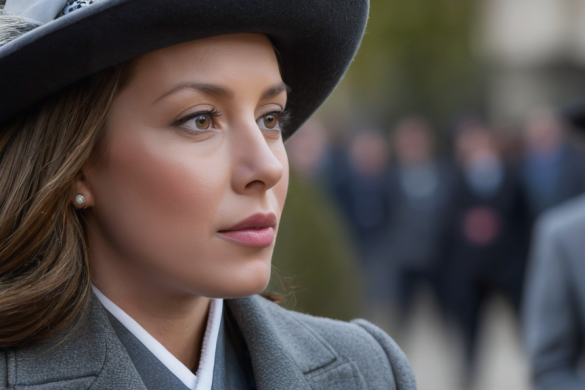 una mujer con sombrero, traje y corbata con un hombre al fondo con traje y corbata, Eva Gonzalès, imagen promocional, retrato de un personaje, naturalismo