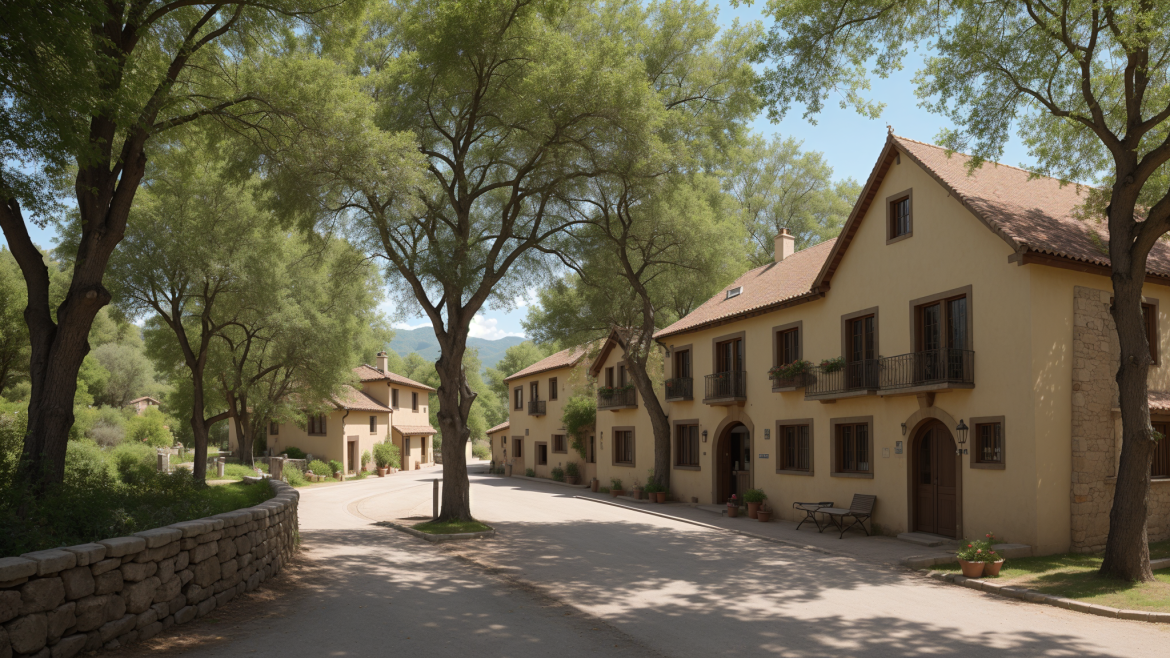 una calle con un muro de piedra y árboles a ambos lados y un muro de piedra al otro lado, Enguerrand Quarton, render irreal 5, un renderizado digital, movimiento de artes y oficios