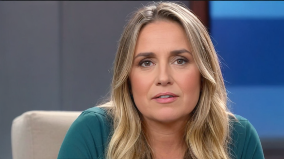 una mujer sentada en una silla con una camisa verde y una camisa azul en el pecho y una silla blanca detrás, Adrienn Henczné Deák, imagen promocional, un retrato, prensa privada