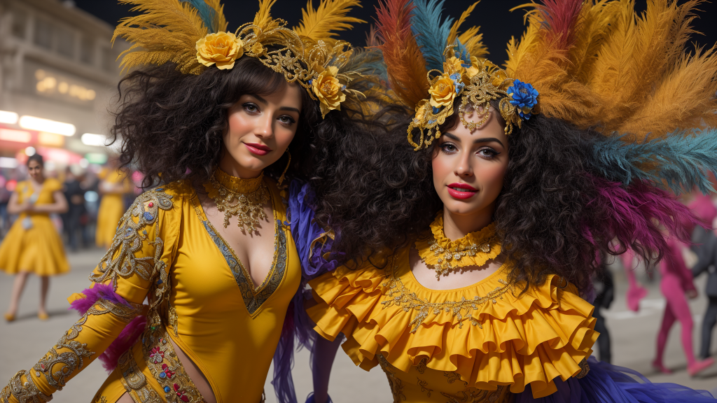 dos mujeres disfrazadas posan juntas para una foto en un desfile de personas al fondo hay una multitud, Araceli Gilbert, behance hd, un barroco flamenco, arte qajar