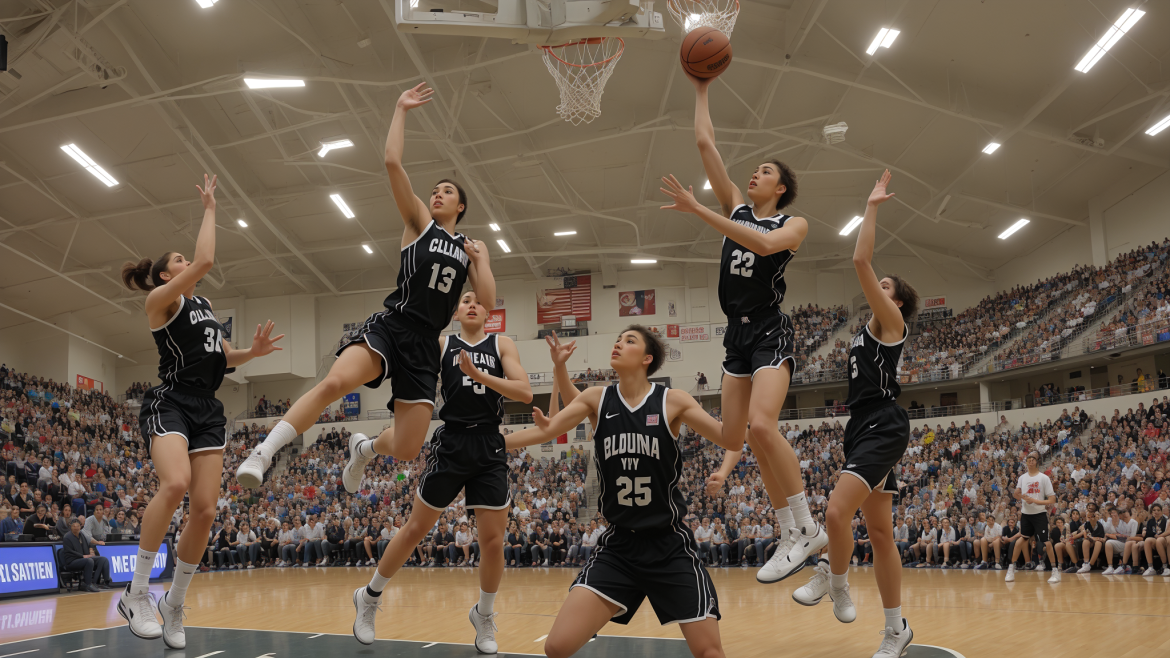 un grupo de mujeres jugando un partido de baloncesto en una cancha con una multitud mirándolas desde las gradas, Claire Falkenstein, pintura renacentista, una pintura renacentista, escuela de Heidelberg