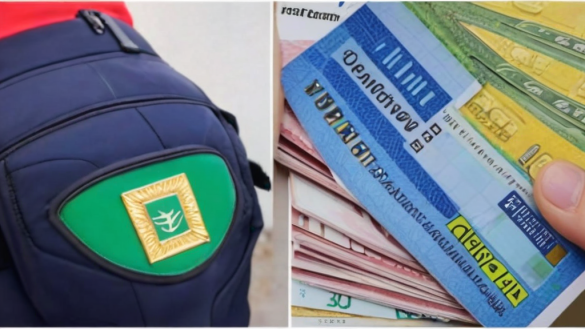 una persona sosteniendo una pila de dinero y una mochila con un parche verde y amarillo en la espalda, Avgust Černigoj, foto real, una foto de archivo, arbeitsrat für kunst