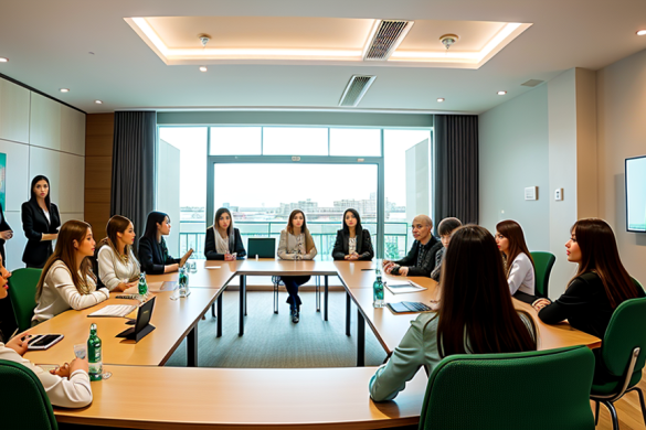 un grupo de mujeres sentadas alrededor de una mesa de conferencias hablando entre sí en una sala de conferencias con una ventana grande, Cao Buxing, fotografía profesional, una fotografía de archivo, escuela del Danubio