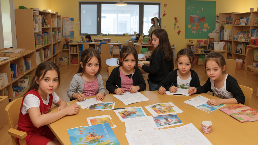 un grupo de niños sentados en una mesa en una biblioteca leyendo libros y mirando a la cámara con una maestra, Bela Čikoš Sesija, imagen promocional, ilustración de un libro de cuentos, escuela del Danubio