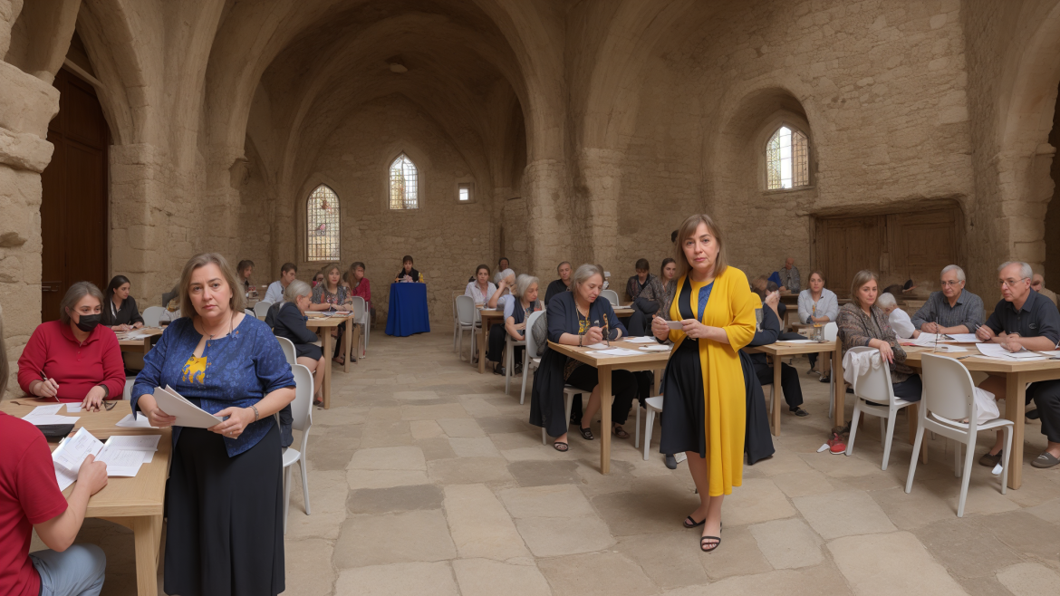 un grupo de personas sentadas a las mesas en una sala con paredes de piedra y arcos en las paredes, y una mujer parada frente a la mesa, Apeles, panorámica, una fotografía con cambio de inclinación, les automatistes