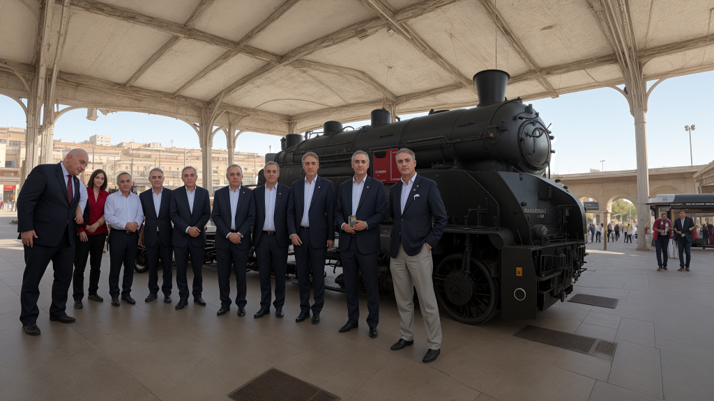 Un grupo de hombres parados junto a un tren en una estación de tren con un tren en exhibición detrás de ellos, Avgust Černigoj, retrato de cuerpo entero, una fotografía, art brut