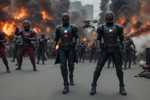un grupo de personas con trajes futuristas paradas frente a una ciudad llena de fuego con un helicóptero al fondo, Altichiero, imagen promocional, una pintura mate detallada, antípodas