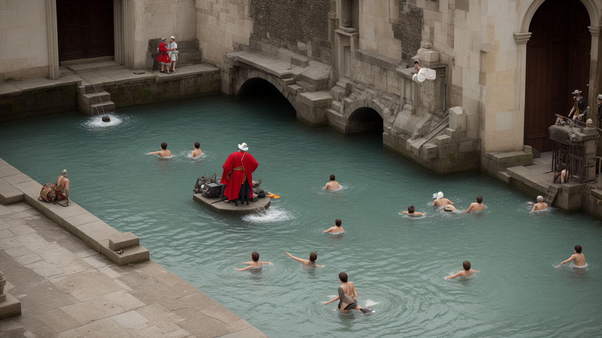 un grupo de personas en una masa de agua con un barco en medio y un hombre con un abrigo rojo encima, Andreas Gursky, fotografía premiada, una pintura mate, estancamiento