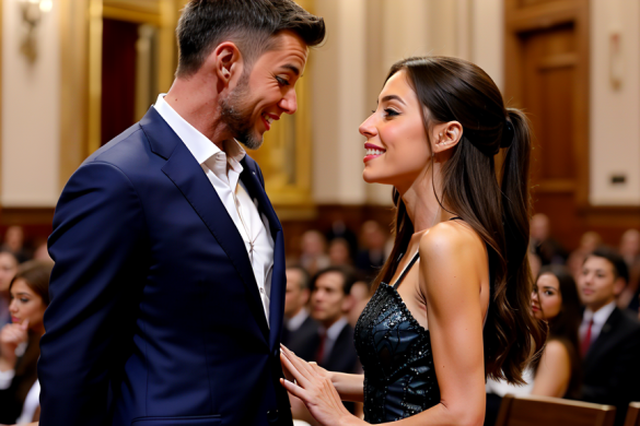 un hombre y una mujer parados uno al lado del otro frente a una multitud de personas en una habitación con una cortina roja, Estuardo Maldonado, full hd, una foto, rasquache