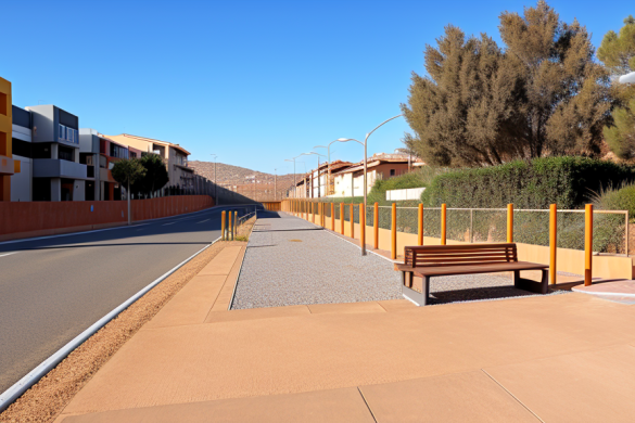 un banco sentado al costado de una carretera junto a una valla y un edificio con muchas ventanas, Enguerrand Quarton, fotorrealista de 8k, una pintura mate, fotorrealismo