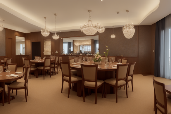 un restaurante con un gran comedor con vista al mar y un área de bar con barra, Enguerrand Quarton, iluminación detallada, una representación digital, movimiento artístico y artesanal
