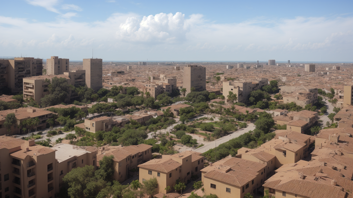 una ciudad con muchos edificios marrones y árboles en primer plano y un cielo azul con nubes, Alberto Burri, vista panorámica, una pintura mate, hurufiyya