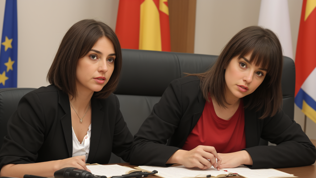 dos mujeres sentadas en una mesa con papeles y un bolígrafo delante, con banderas al fondo, Elina Karimova, imagen promocional, fotografía de archivo, realismo socialista