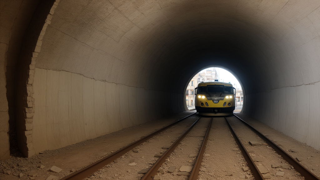 un tren sale de un túnel con vías que lo atraviesan y una luz al final del túnel, Bouchta El Hayani, trazado de trayectoria, representación digital, fotorrealismo